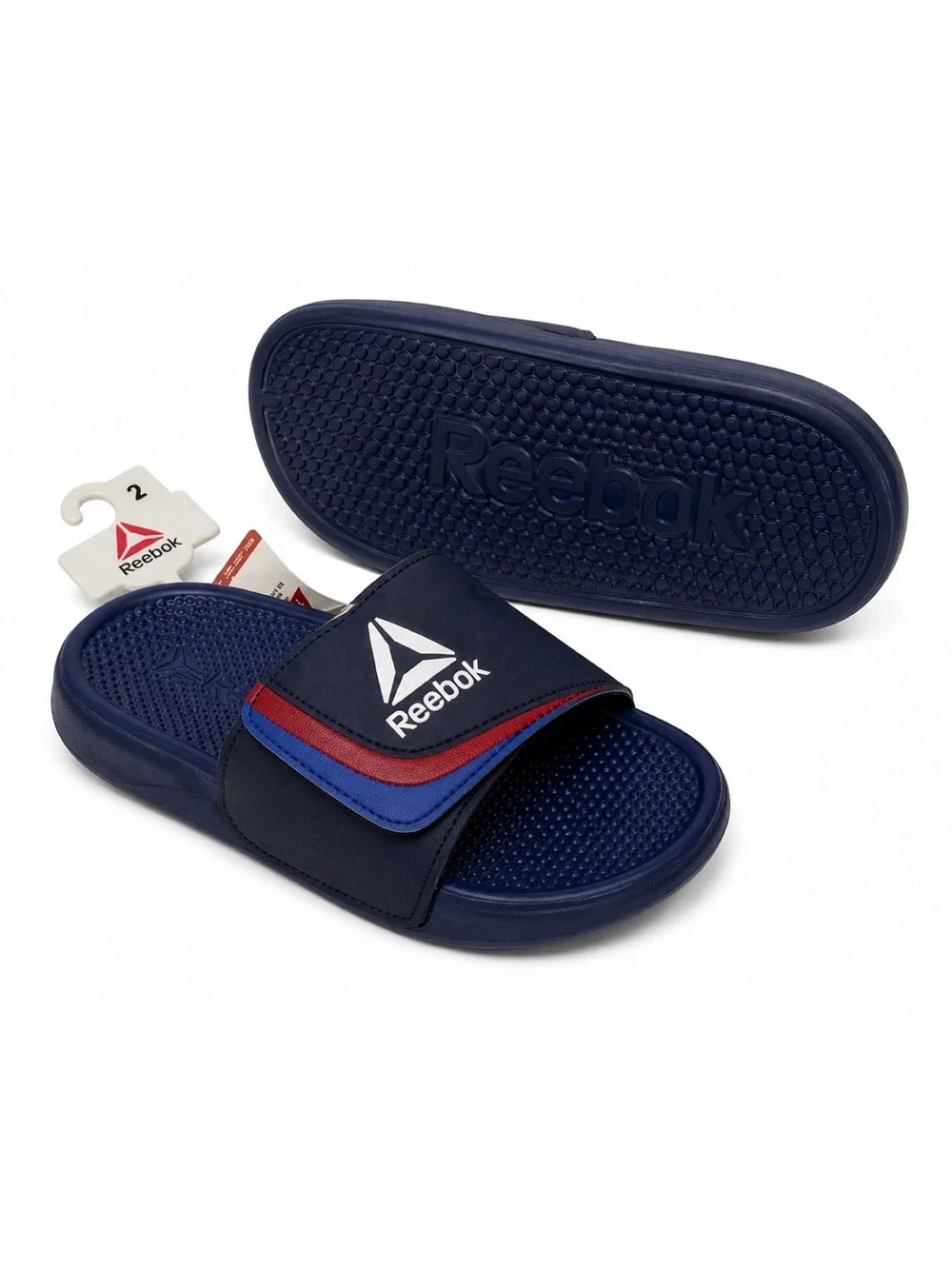 Reebok Kids Navy Slide Sandals Size 2 • Adjustable Strap Comfort Slip-On Shoes